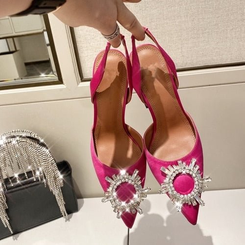 European and American 2021 Summer New Pointed High Heel Women's Shoes SUNFLOWER Drill Buckle Closed Toe Wine Cup Heel Sandals