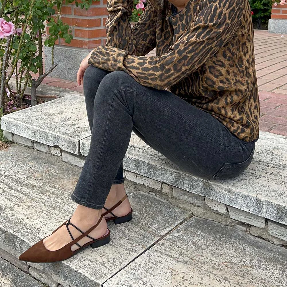 Brown Pointed Toe Chunky Heel Slingback Pumps with Elastic Rope