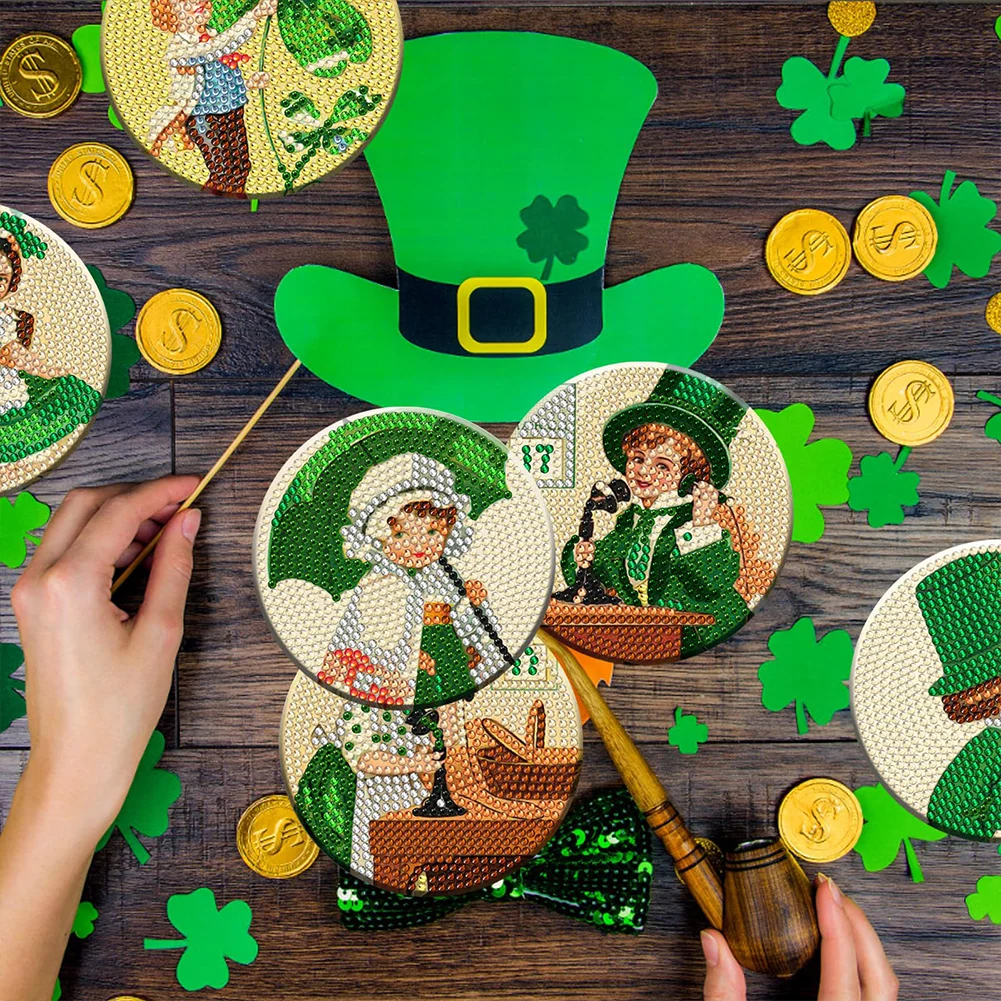 8pcs DIY Saint Patricks Day Wooden Diamond Painting Art Coaster Kit with Holder for Adults Kids