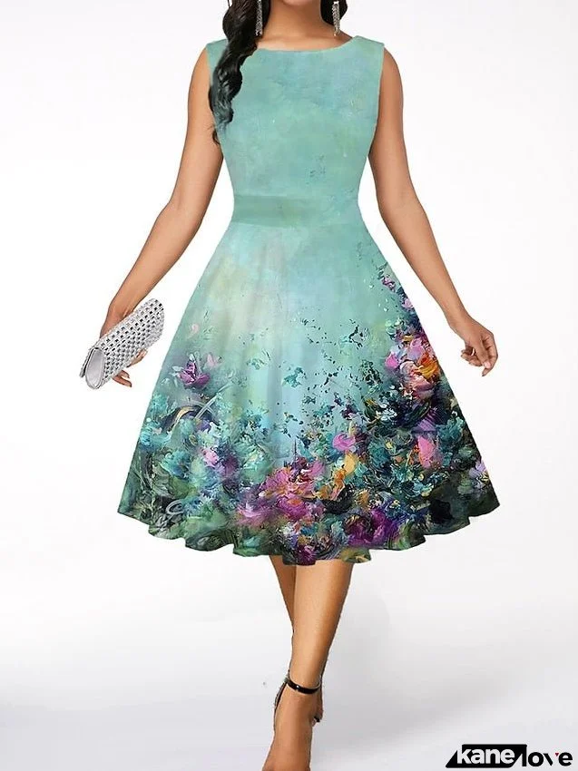 Retro 1950s Vintage Tea Dresses Midi Dress Office Daily Ruched Print Floral Crew Neck Sleeveless Slim Summer Spring Green S M L XL for Women