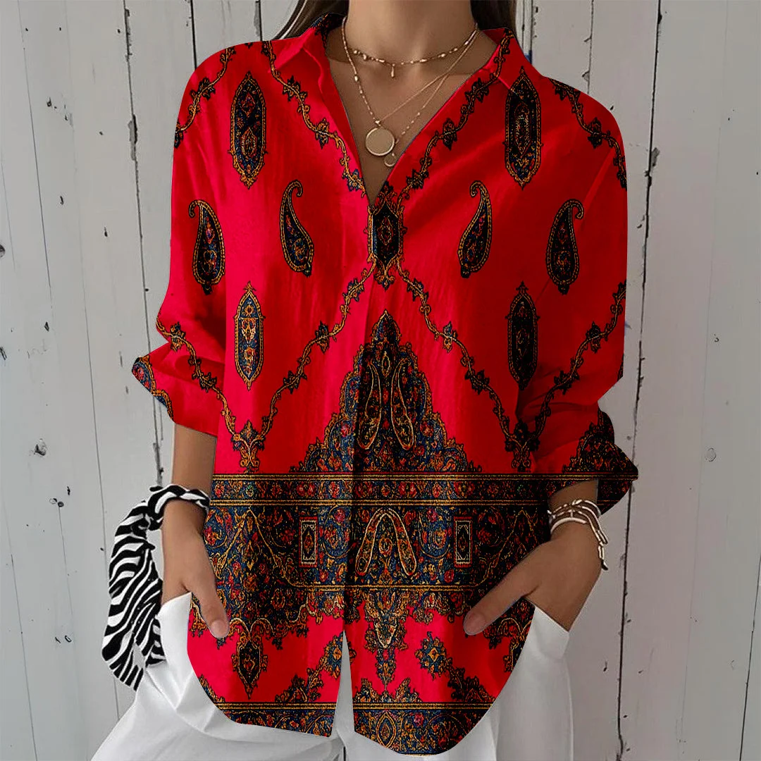Style & Comfort for Mature Women Women Retro, Red, Brown DZCL0409 3/4 Sleeve Shirt Collar Printed Button Tops
