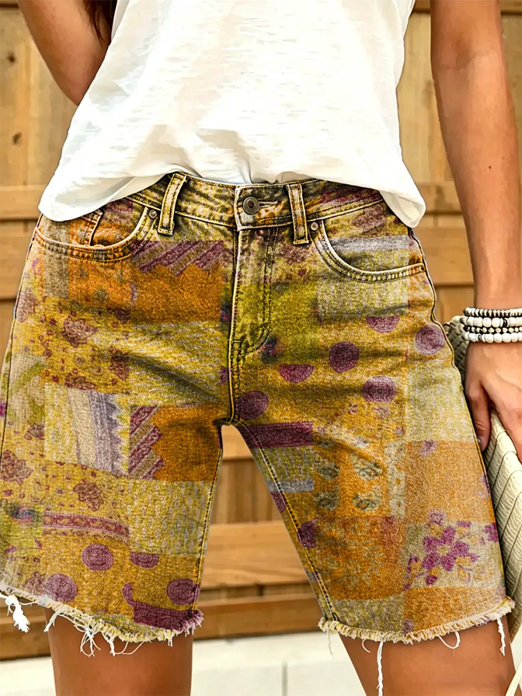 Women's Abstract Patchwork Print Denim Shorts