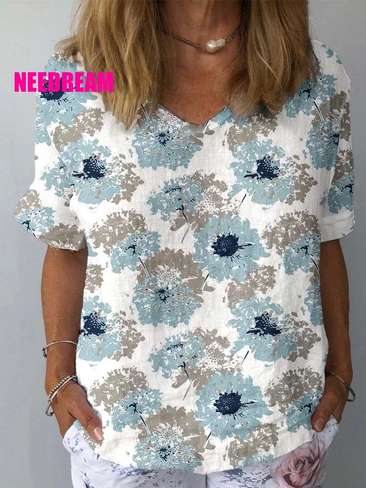 Womens Retro Floral Pattern Print Cotton And Linen Top