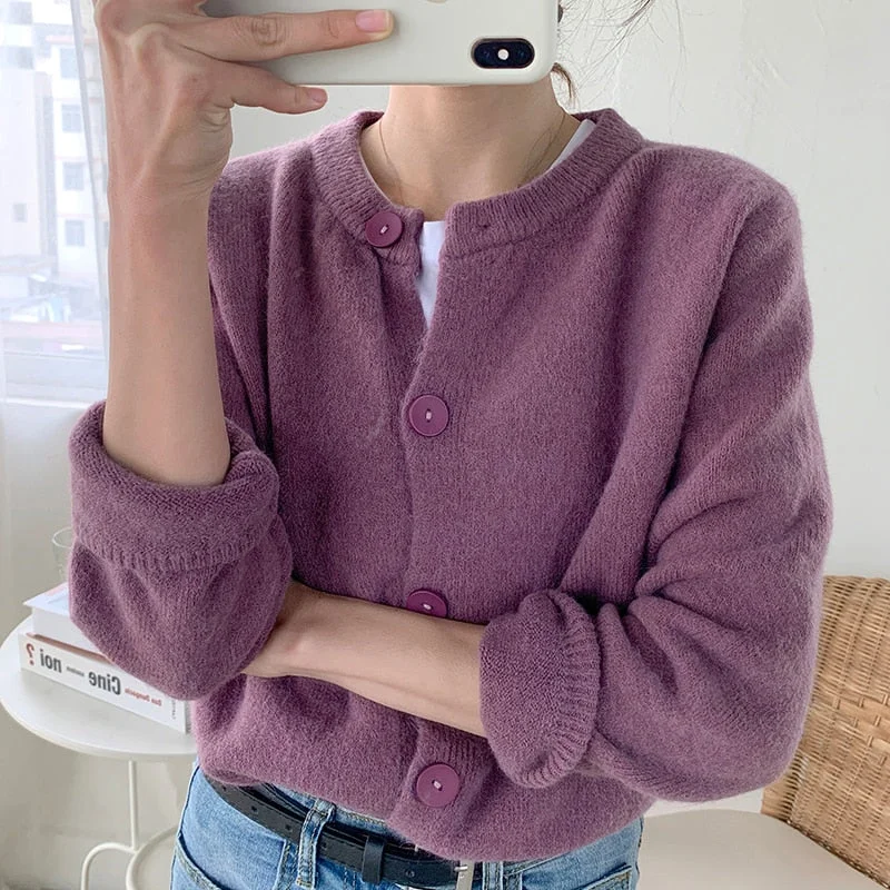 Zoki Autumn Women Cardigan Sweater Long Sleeve Single Breasted Knitted Short Coat Causal Chic O Neck Korean Female Outwear 2021