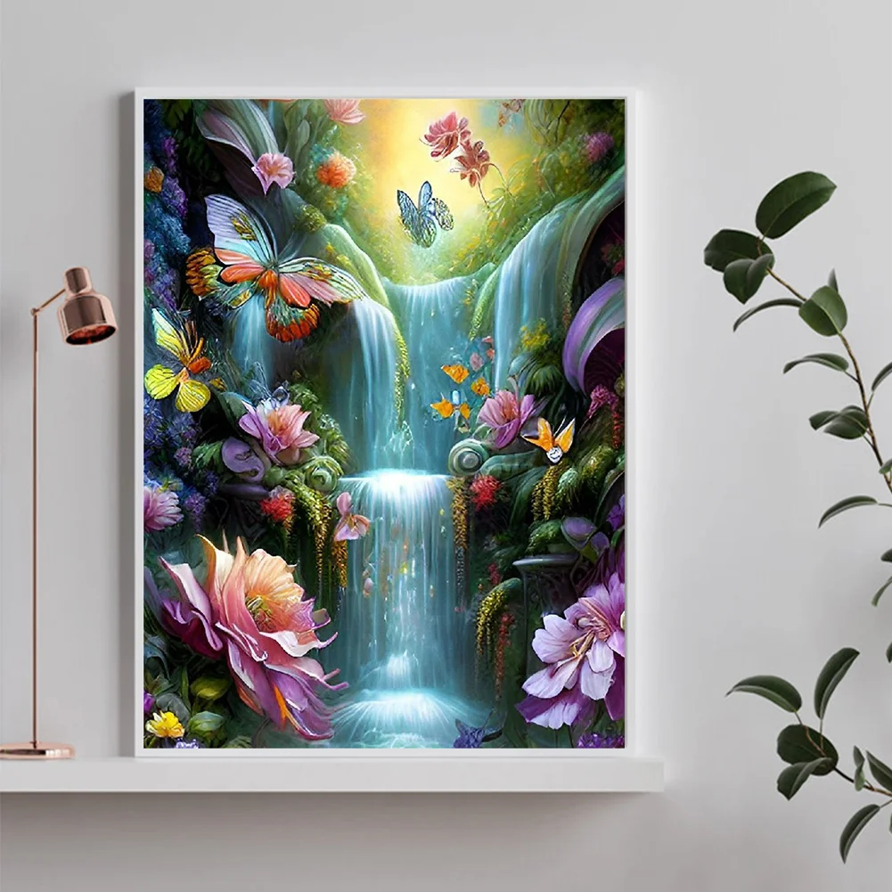 Diamond Painting - Full Round Drill - Flower Butterfly Waterfall(30*40cm)