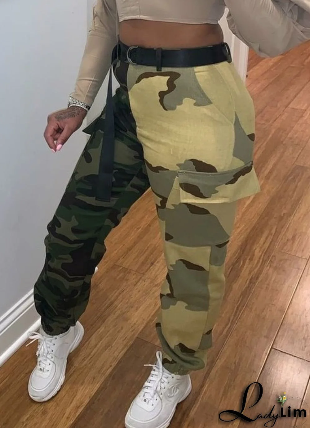 Autumn Green Camo Print Casual Cargo Pants