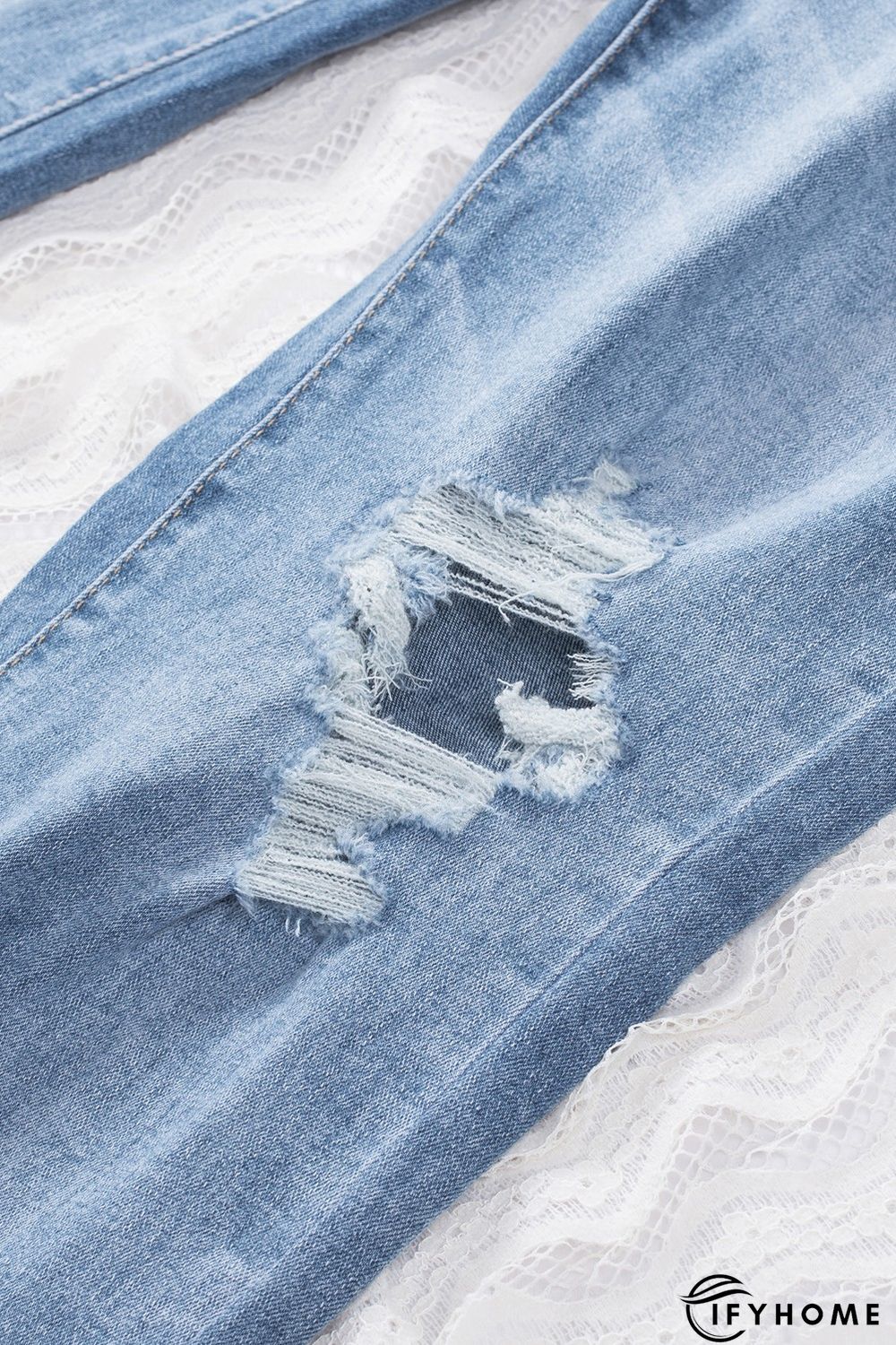 Sky Blue Distressed Holes Frayed Hem Plus Size Jeans | IFYHOME