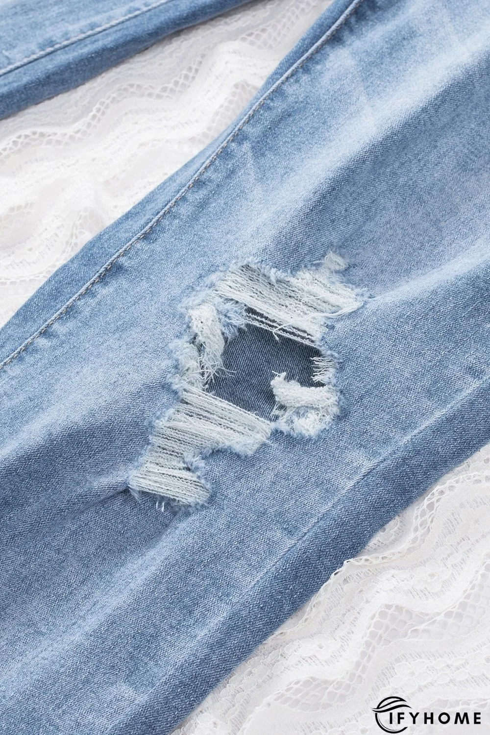 Sky Blue Distressed Holes Frayed Hem Plus Size Jeans | IFYHOME