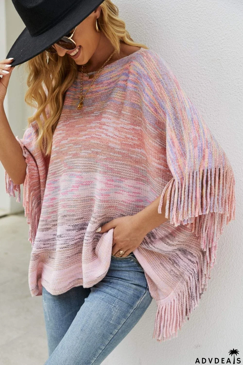 Round Neck Fringe Detail Poncho