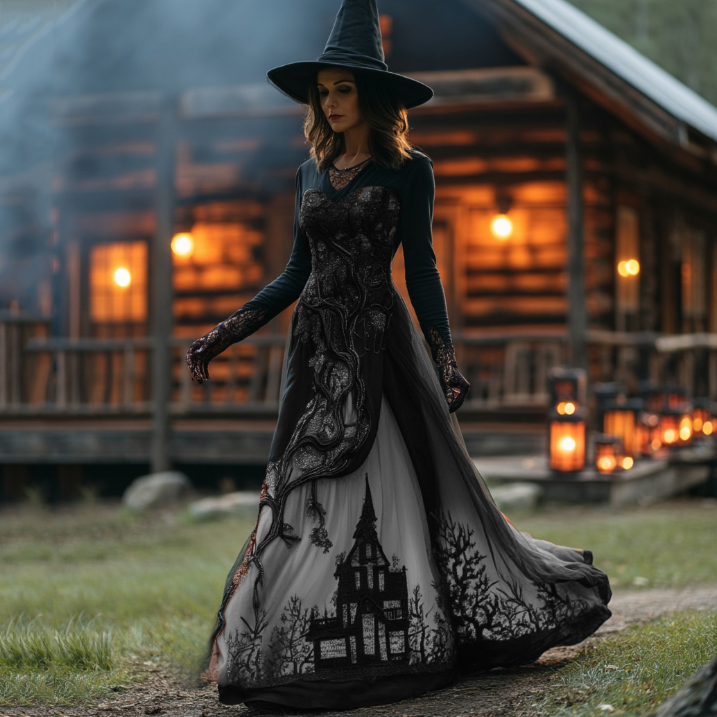 Women's Halloween Gradient Treehouse Design Witch V-neck Maxi Dress wearshes