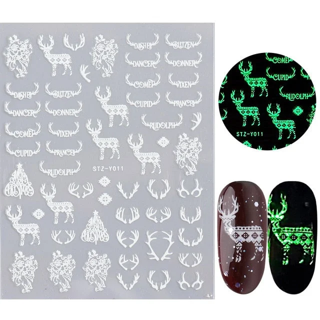 Nail Stickers Back Glue Fluorescent Light Christmas Snowflake Animal 3D Designs Nail Decal Decoration Tips For Beauty Salons-Nail Inspo