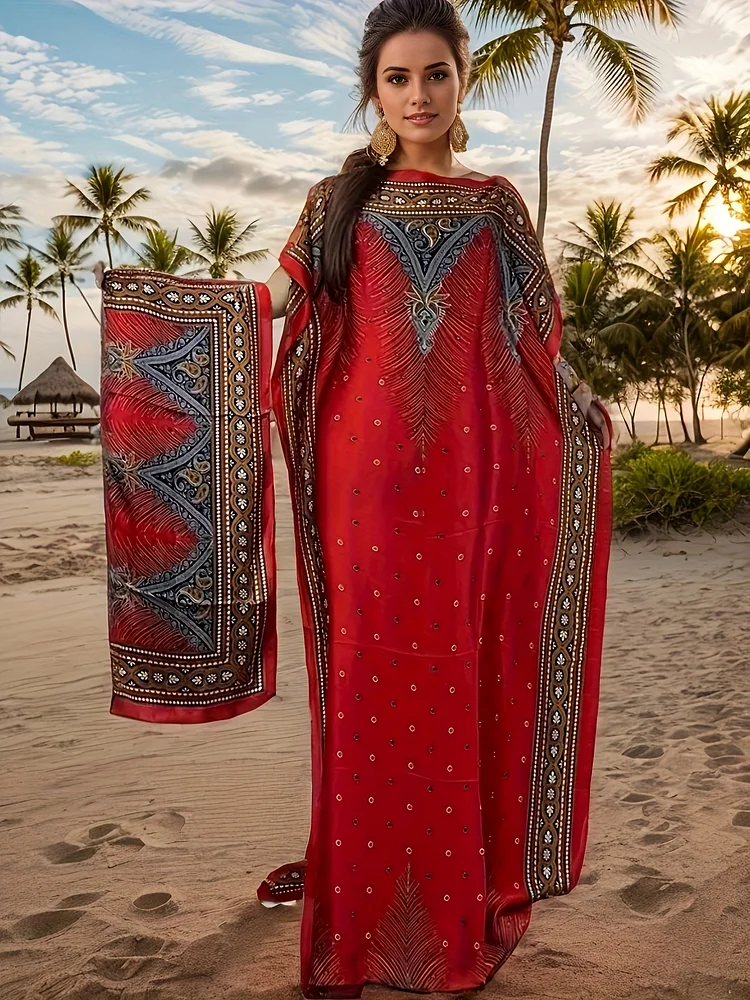 Women's Bohemian Maxi Kaftan Dress With Scarf - Vibrant Red Geometric Embroidery & Patterned Design, Luxurious Machine-Washable Fabric, Elegant Pencil Skirt Silhouette For Festive Occasions & Summer Soiree