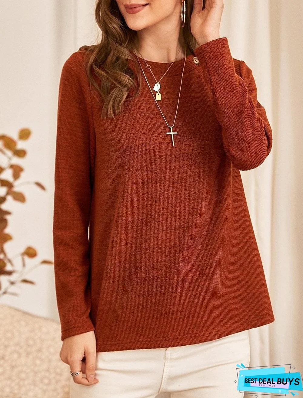 Pure Color Knitted Button Decoration Casual Round Neck Long-Sleeved Pullover