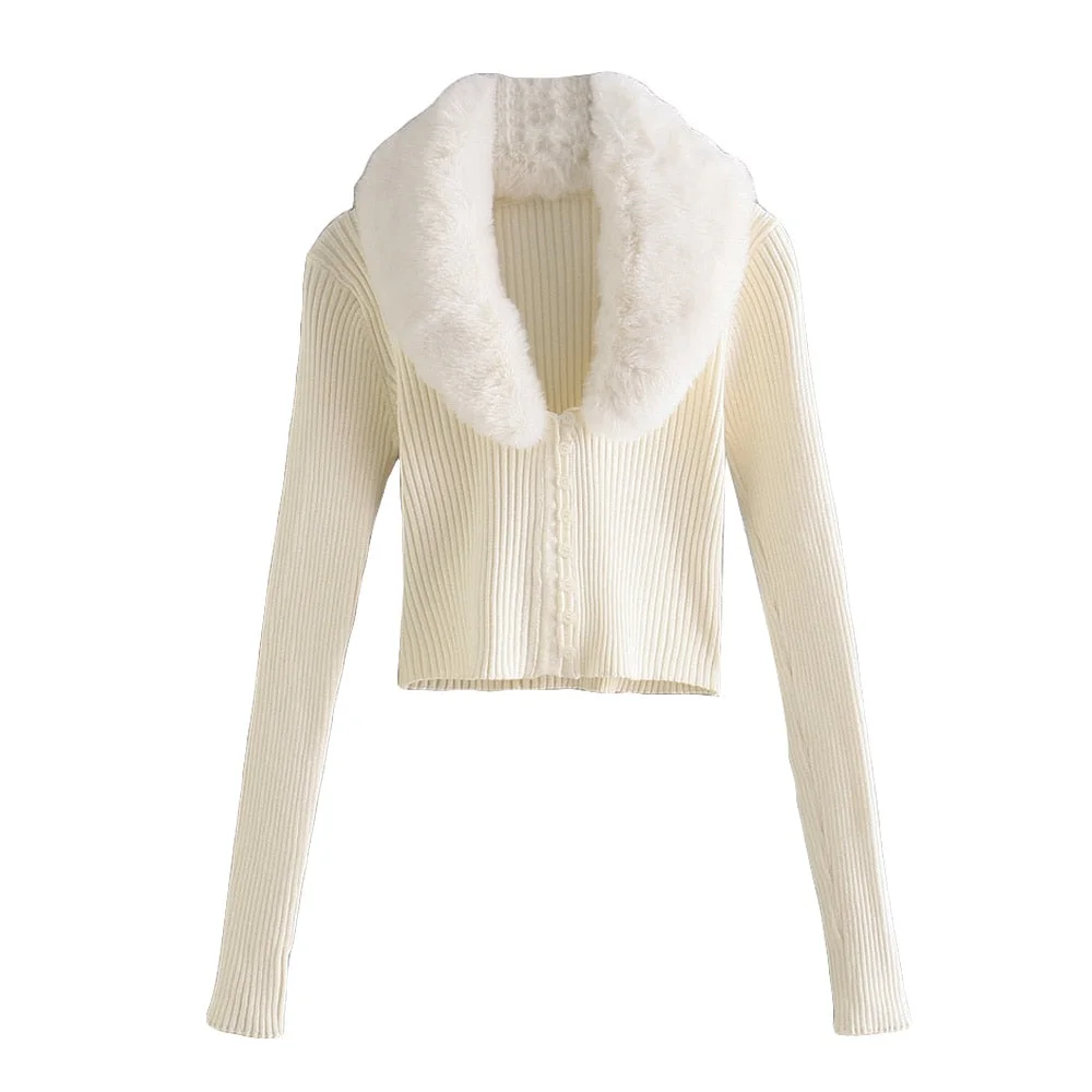 TRAF Women Fashion With Tie Faux Fur Collar Knit Cardigan Sweater Vintage Long Sleeve Fitted Female Outerwear Chic Tops