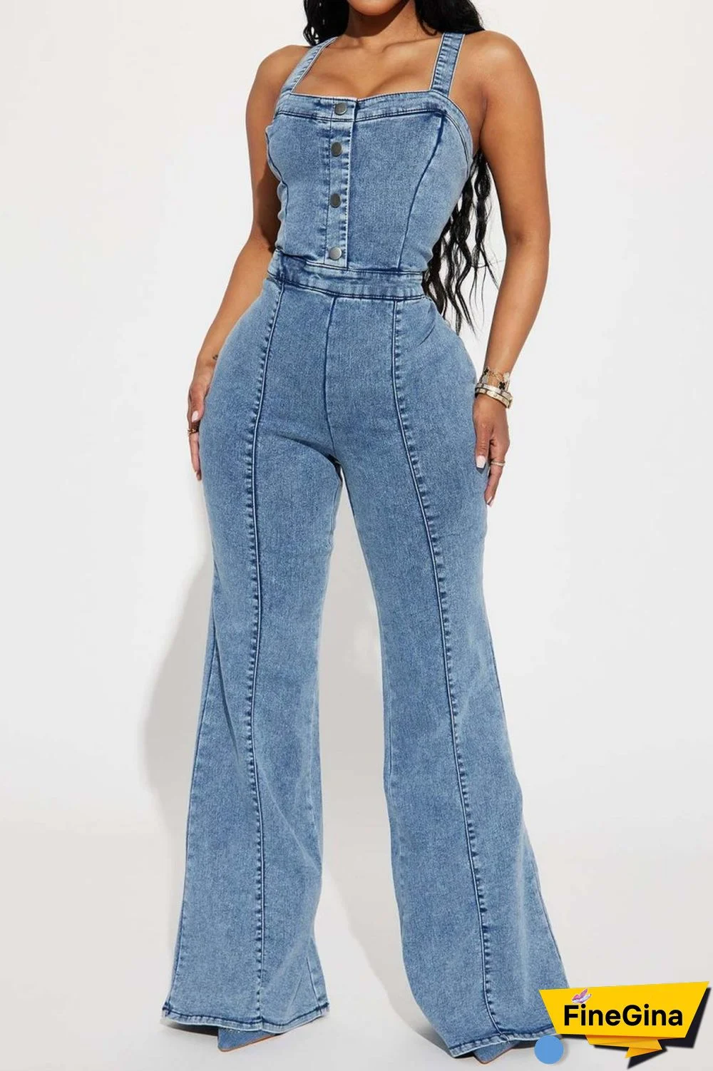 Blue Sexy Casual Solid Patchwork Backless Spaghetti Strap Sleeveless High Waist Regular Denim Jumpsuits