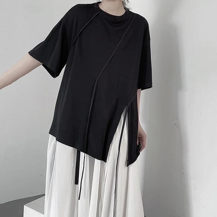 Casual Loose Solid Color O-neck Diagonal Webbing Half Sleeve Slit Hem T-shirt            