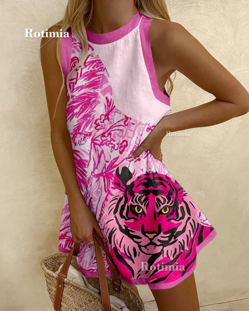 Stylish Pink Lion Print Mini Dress