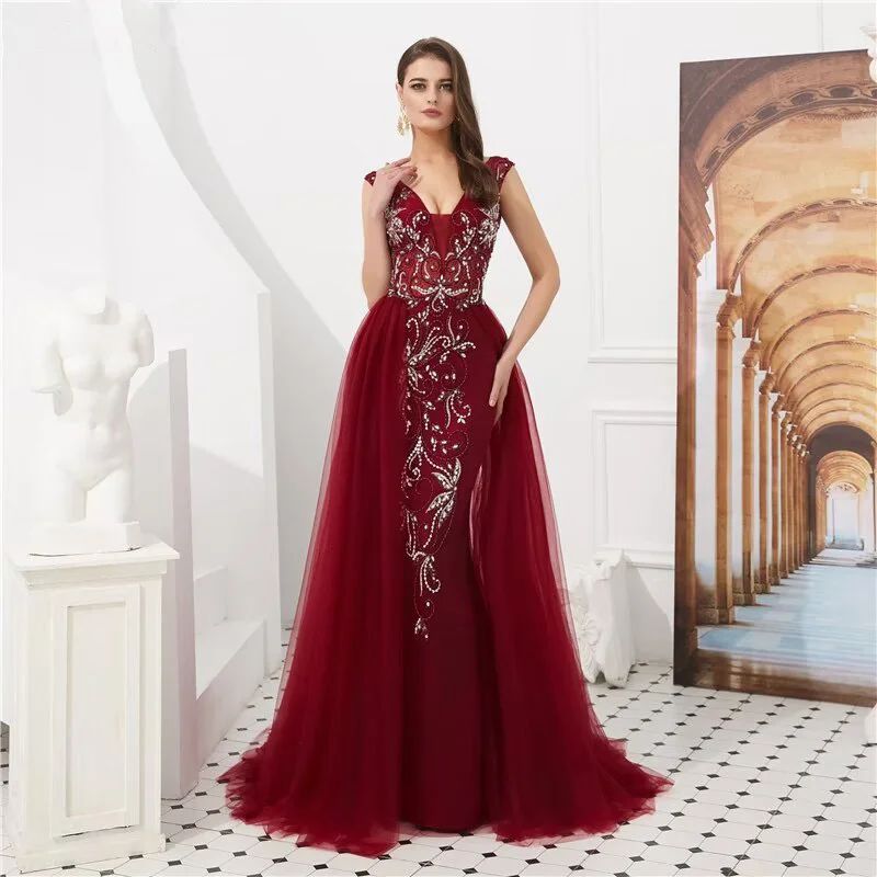 Okdais Burgundy Evening Dress Mermaid V Neck Crystal Beading Backless Long Formal Evening Gown