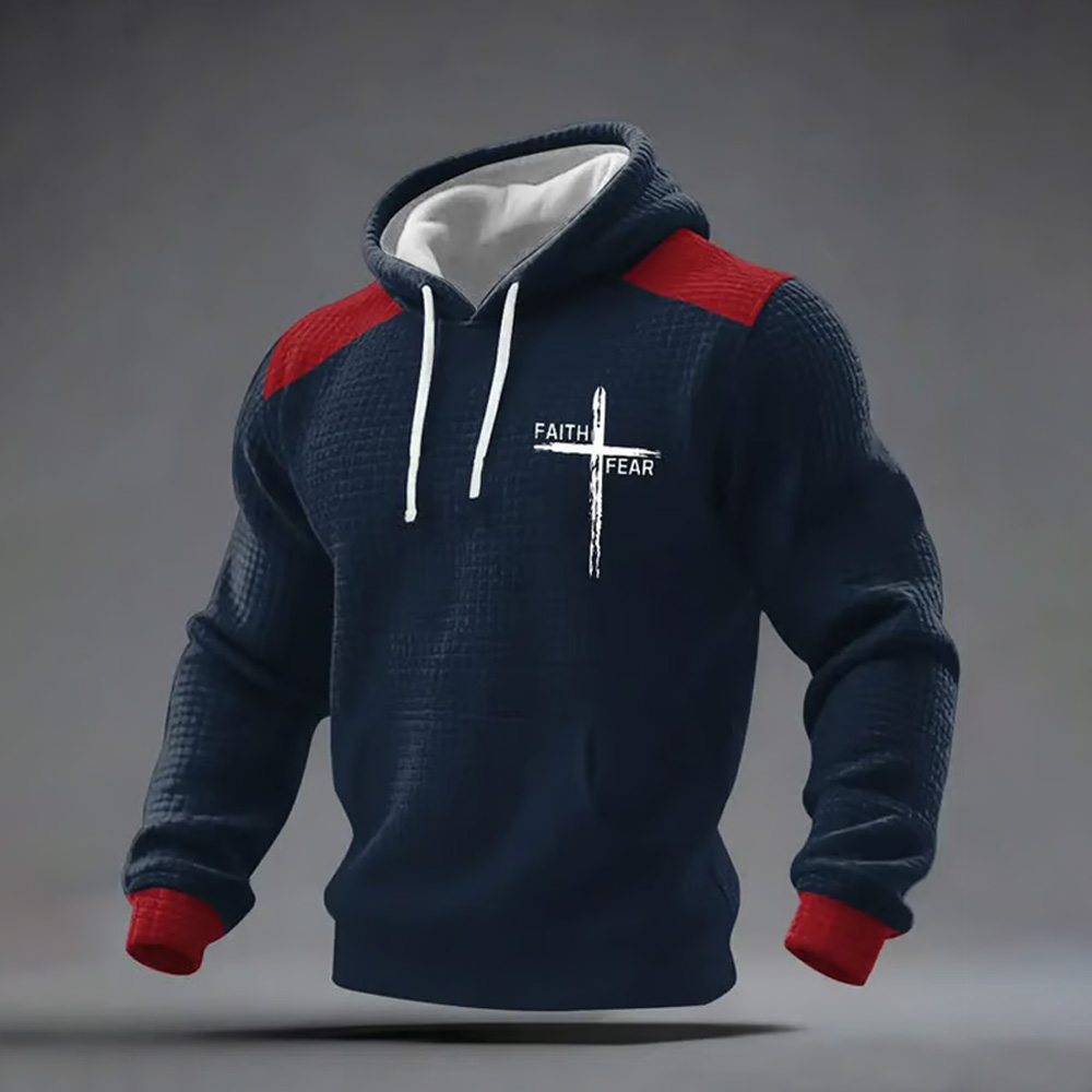 Men's Faith Print Checkered Fabric Hooded Sweatshirt wearshes