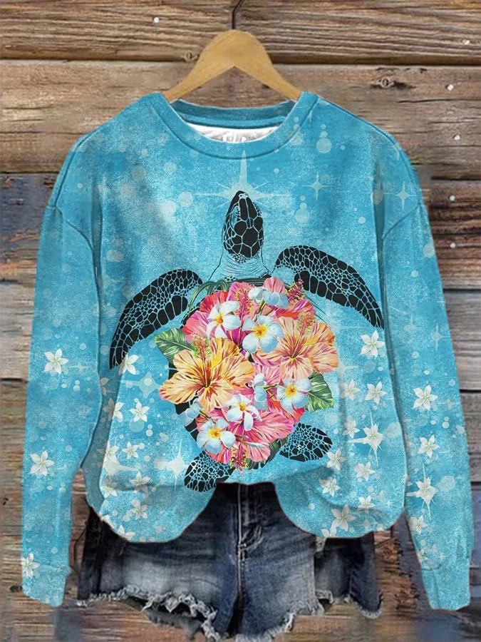 Women's Hibiscus and Maui Sea Turtle Sweatshirt.