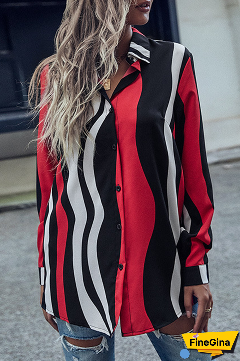 Casual Street Striped Split Joint Buckle Turndown Collar Tops