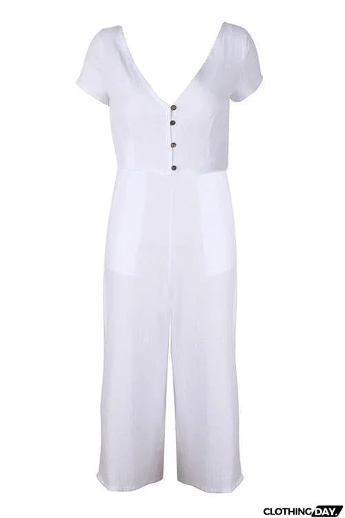 Button Pocket V Neck Jumpsuit