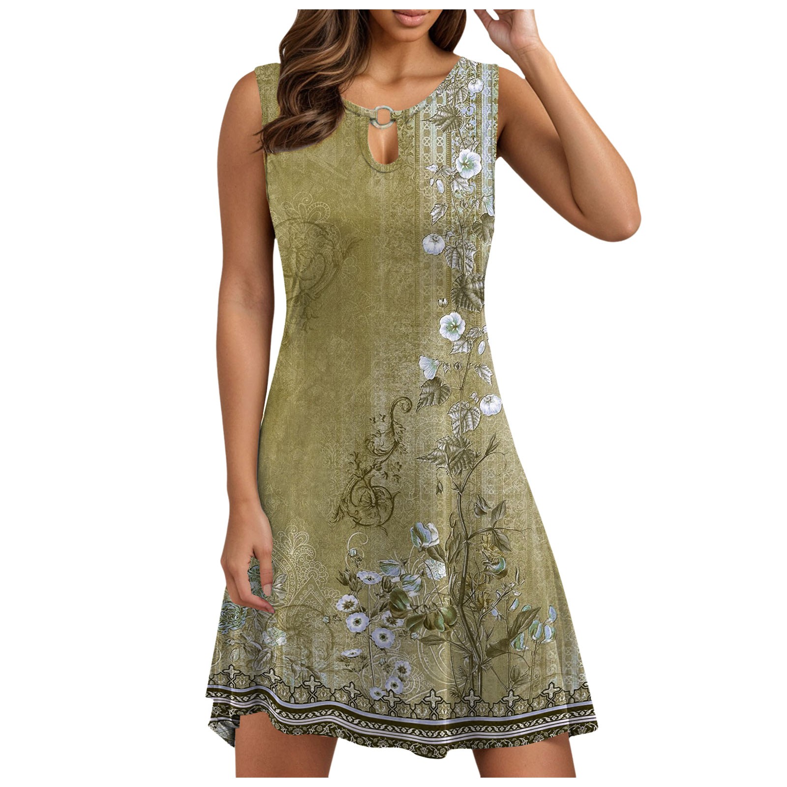 Megamillionnew Fall Floral Dress For Women Women Vintage Floral Pattern Loop Sleeveless Round Neck Beach Dress Silk Spaghetti Strap Dress