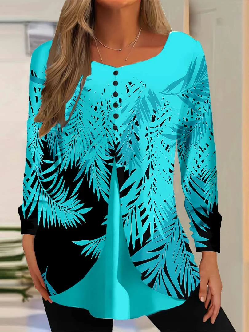 Women Graphic,Blue DZGG8349 Long Sleeve Scoop Neck Printed Graphic Button Fake 2in1 Tops