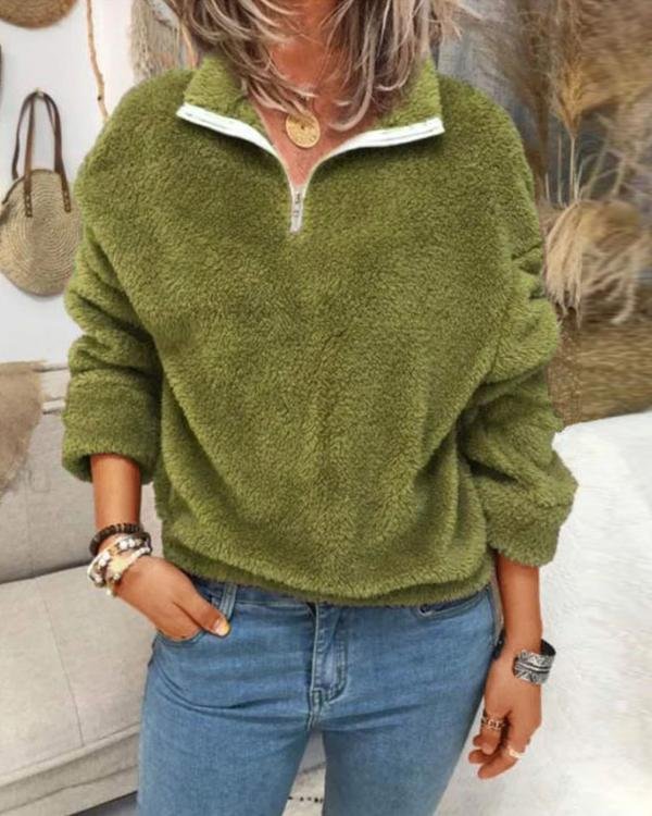Plus Size Solid Polar Fleece Zipper Sweatshirt For Women