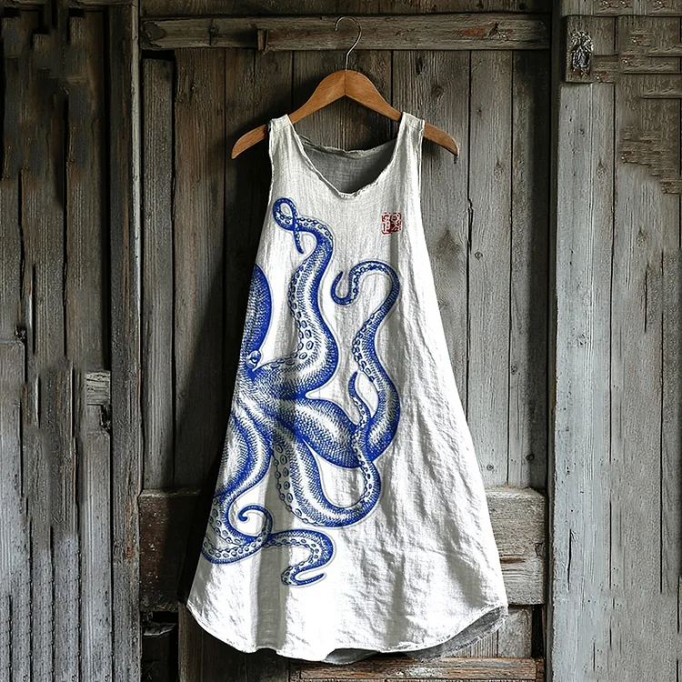Japanese Octopus Legs Art Linen Tank Dress