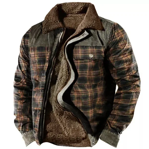 Men's Retro Check Pattern Stitching Sherpa-Lined Warm Wanderer Jacket