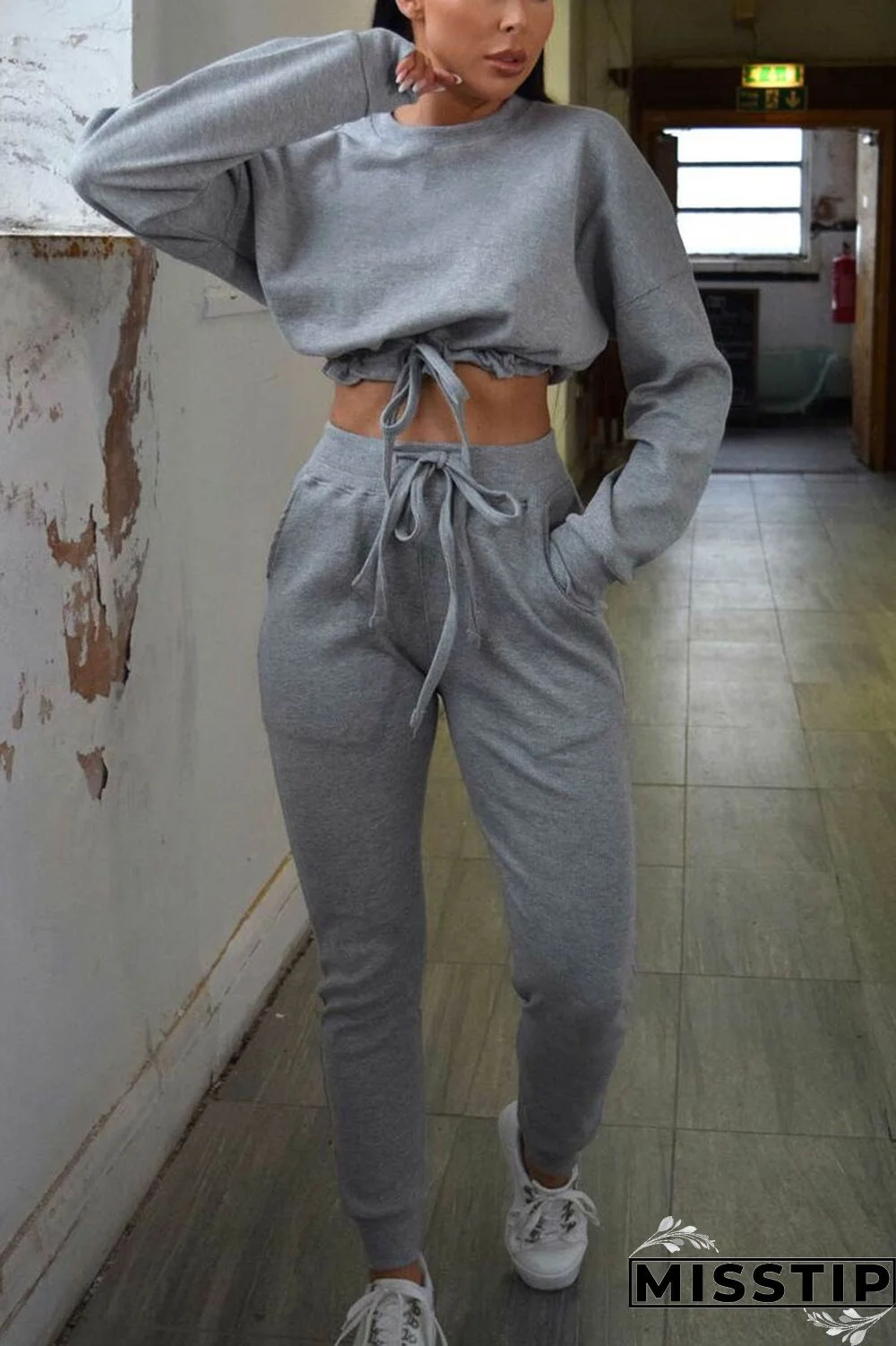 Grey Work Daily Solid Patchwork O Neck Long Sleeve Two Pieces