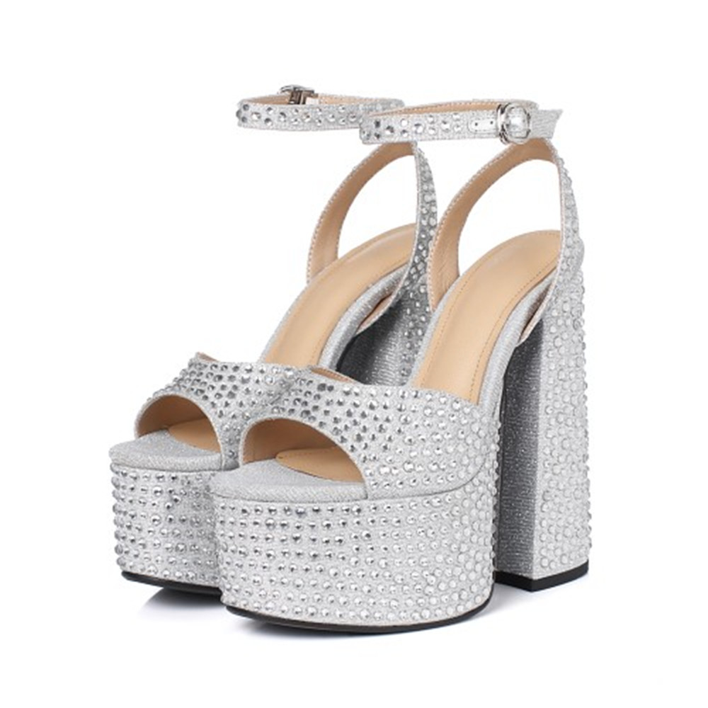 GOOSHOE Sandals Rhinestone Thick High Heel Thick Sole Flat Strap Sandals Crystal