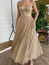 Gold Champagne Sparkling Formal Dress Glittery Party Ball Gown Prom Homecoming Wedding Guest Outfit Maxi Tea Length A Line Sweetheart