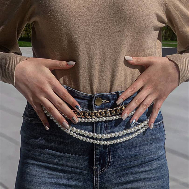Fashion metal pearl multilayer waist chain