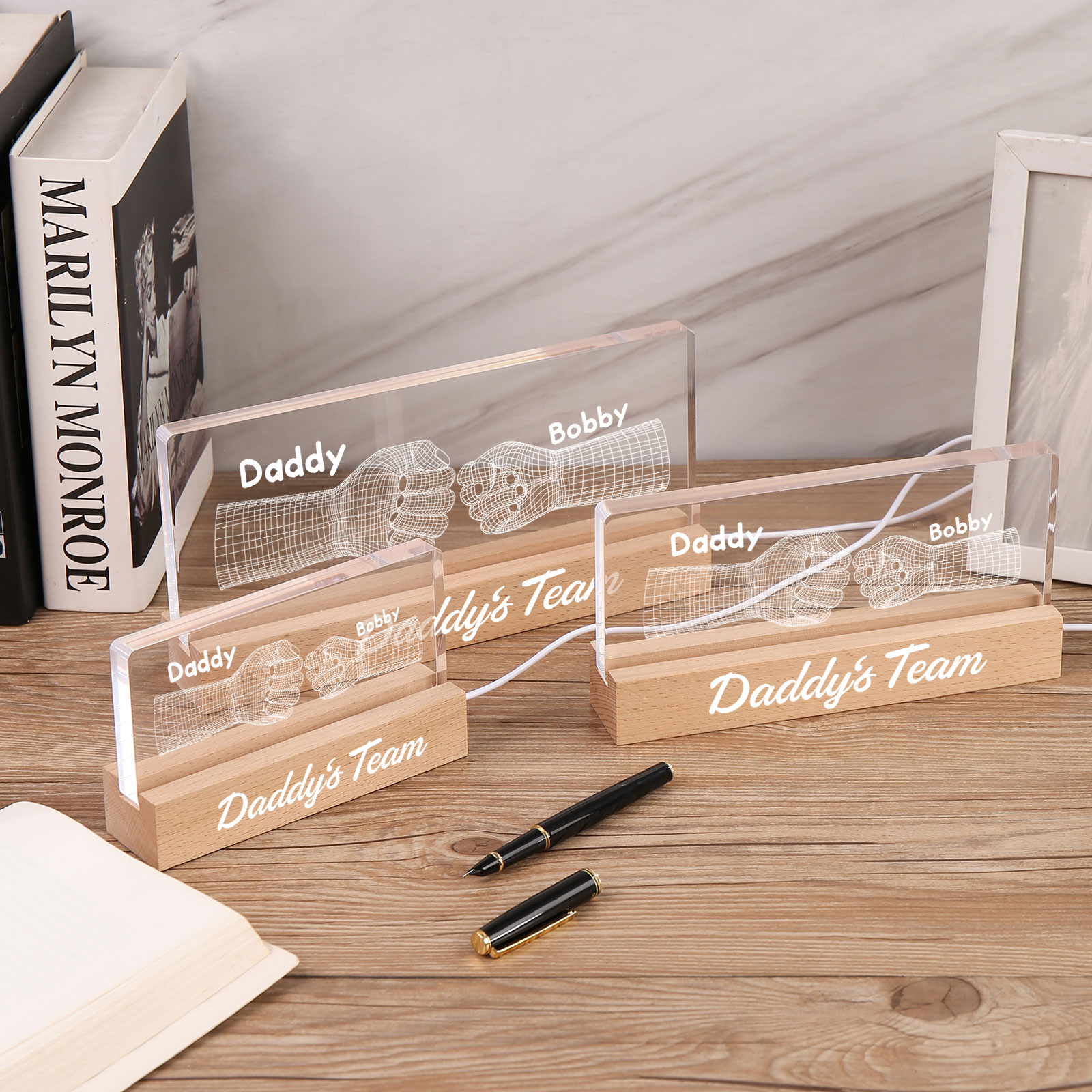 2 Names Personalised Fist Bump Pattern Night Light Custom Text LED Light Father's Day Gift for Dad