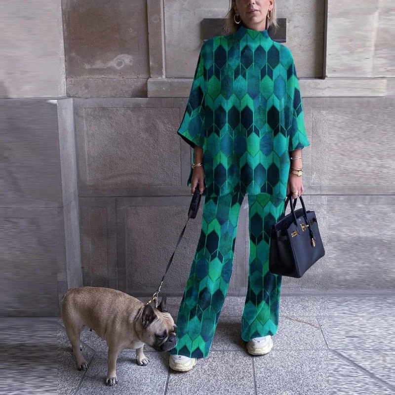 Half High Collar Suit Spring Print Casual Tracksuit Women Retro 2 Pieces Set Sports Sweatshirts Pullover Home Sweatpants Outfits