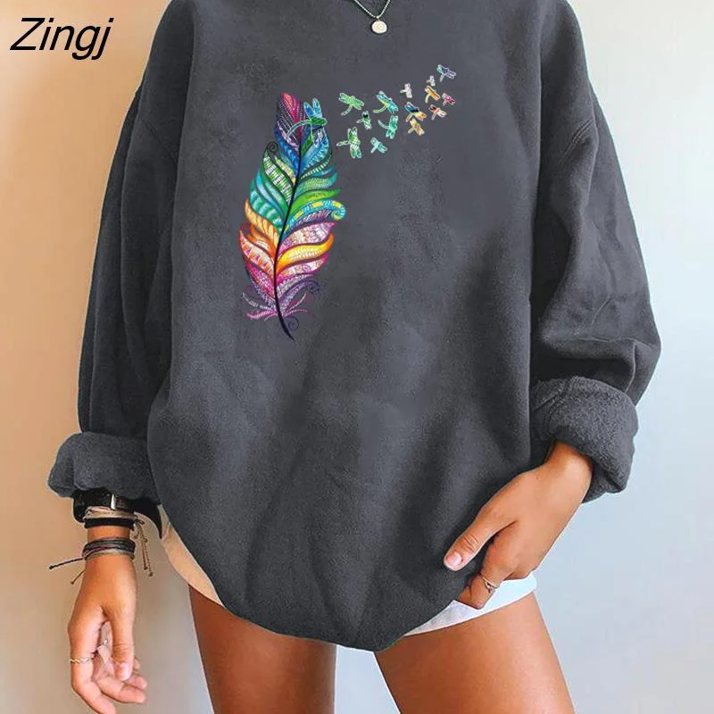 Zingj Drop-shoulder Women Sweatshirts Color Vintage Feather Dragonfly Funny Streetwear Sweatshirts Pullovers Tops Clothes