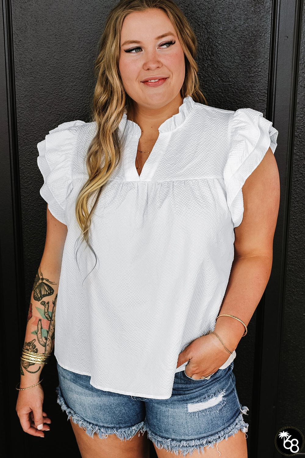 White Textured Ruffled Flutter Sleeve Plus Size Blouse | 168DEAL