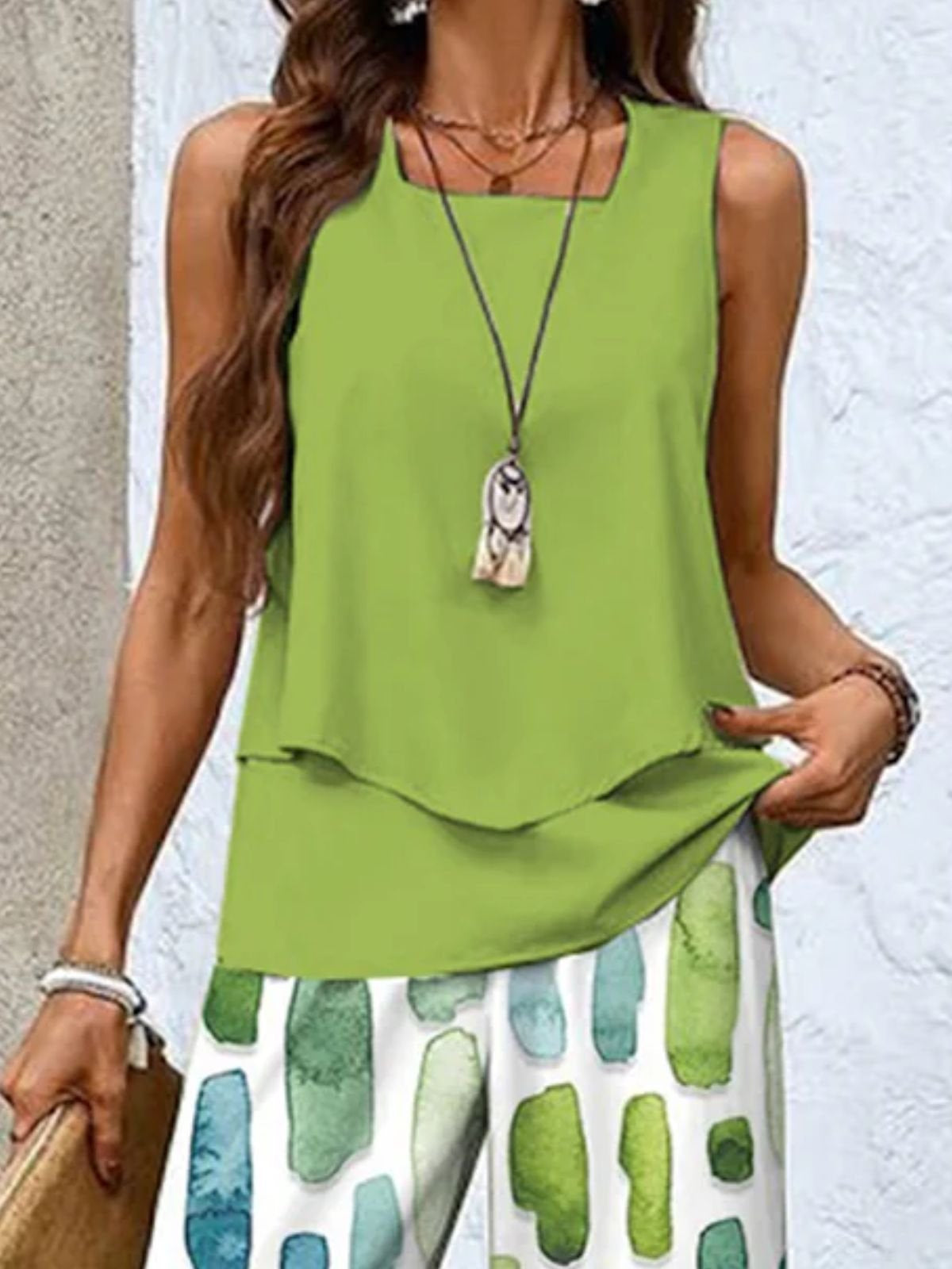 Women's Sleeveless Square Collar Graphic Printed Casual Set