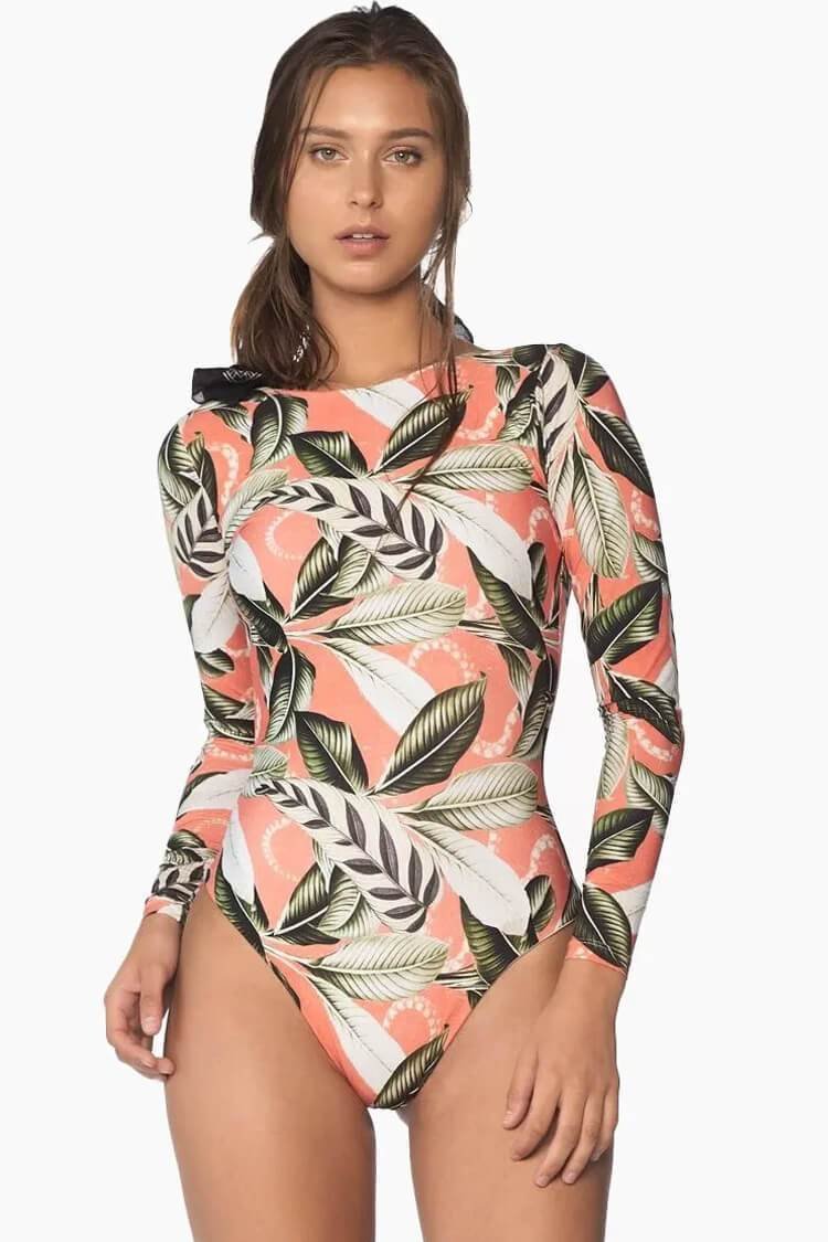 Palm Leaf Long Sleeve Rash Guard One Piece Swimsuit - Shop Trendy Women's Clothing | LoverChic