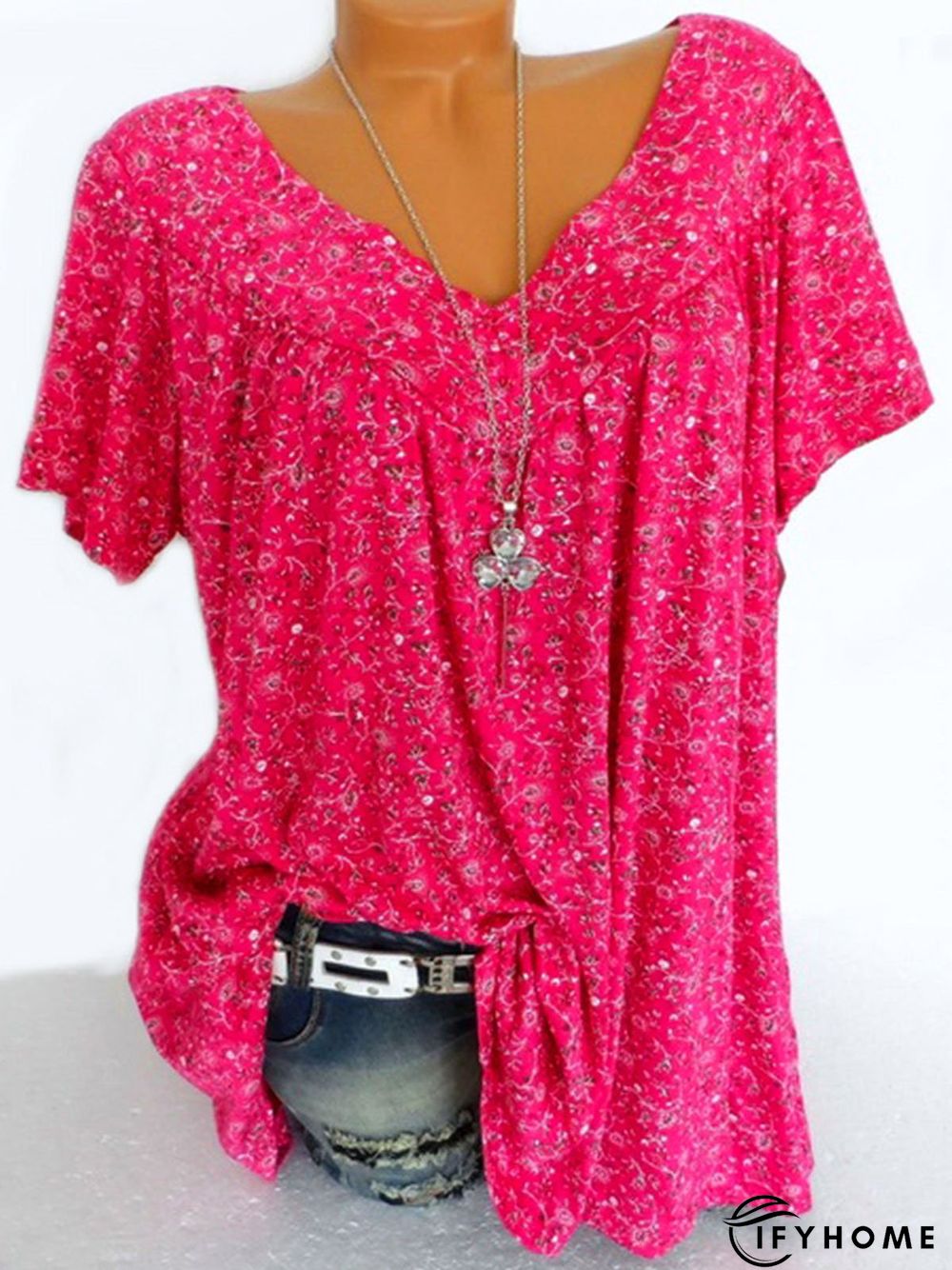 Casual V Neck Floral Short Sleeve Top | IFYHOME