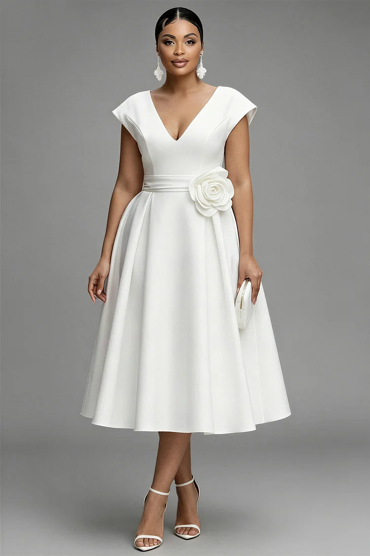 Xpluswear Design Plus Size Cocktail Party Elegant White V Neck Pocket Satin Midi Dresses [Pre-Order] 2024 - Xpluswear
