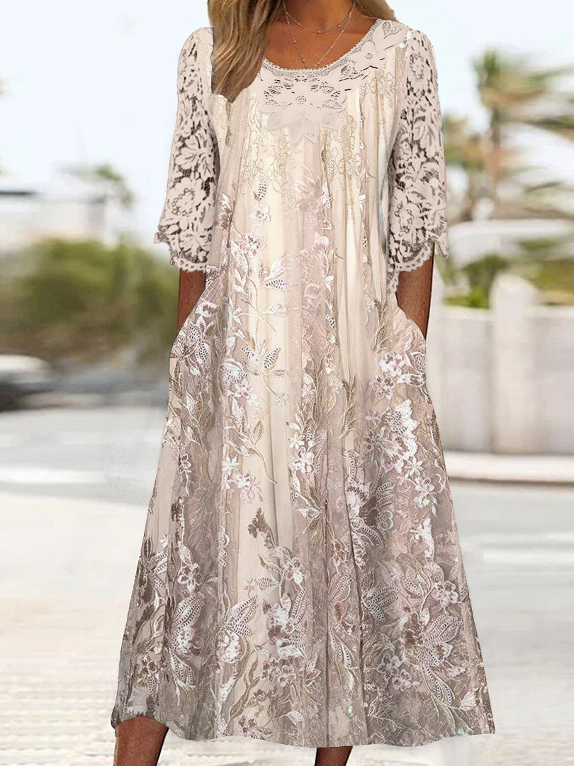 Women's 3/4 Sleeve Scoop Neck Floral Printed Lace Stitching Midi Dress