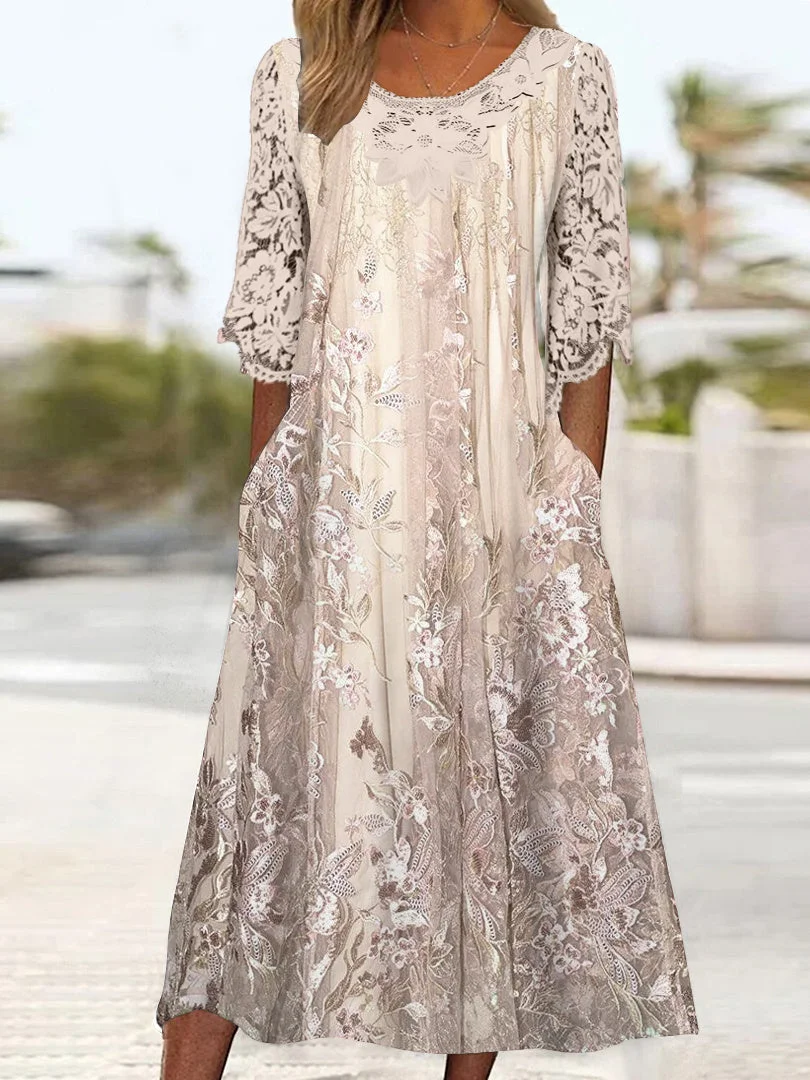 Women's 3/4 Sleeve Scoop Neck Floral Printed Lace Stitching Midi Dress
