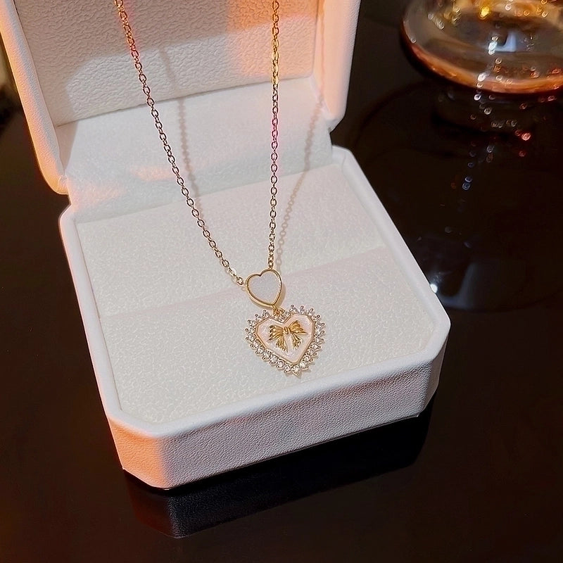 Vintage Style Heart Shape Bow Knot Titanium Steel Plating Pendant Necklace