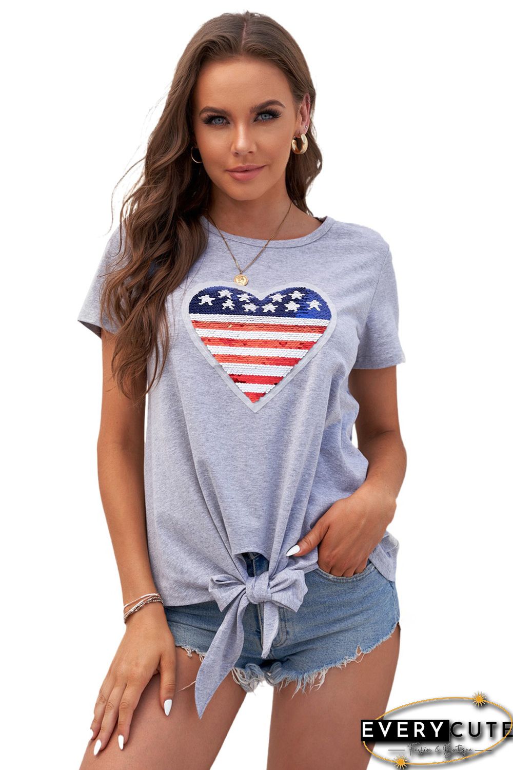 Mommy Patriotic Flag Sequin Heart Applique Knot Top