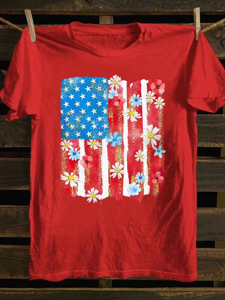 Flower Brushstroke America Flag T-shirt