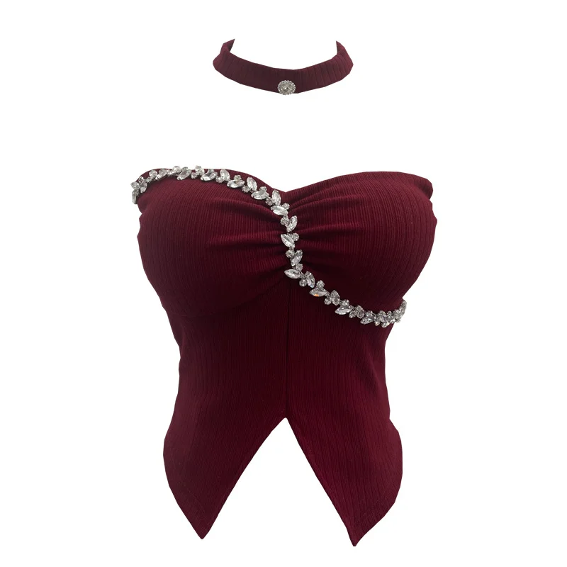 Uveng Thai-Style Hanging Neck Small Sling With Drill With Chest Pad Irregular Wearing Sleeveless Knitting Top 9211