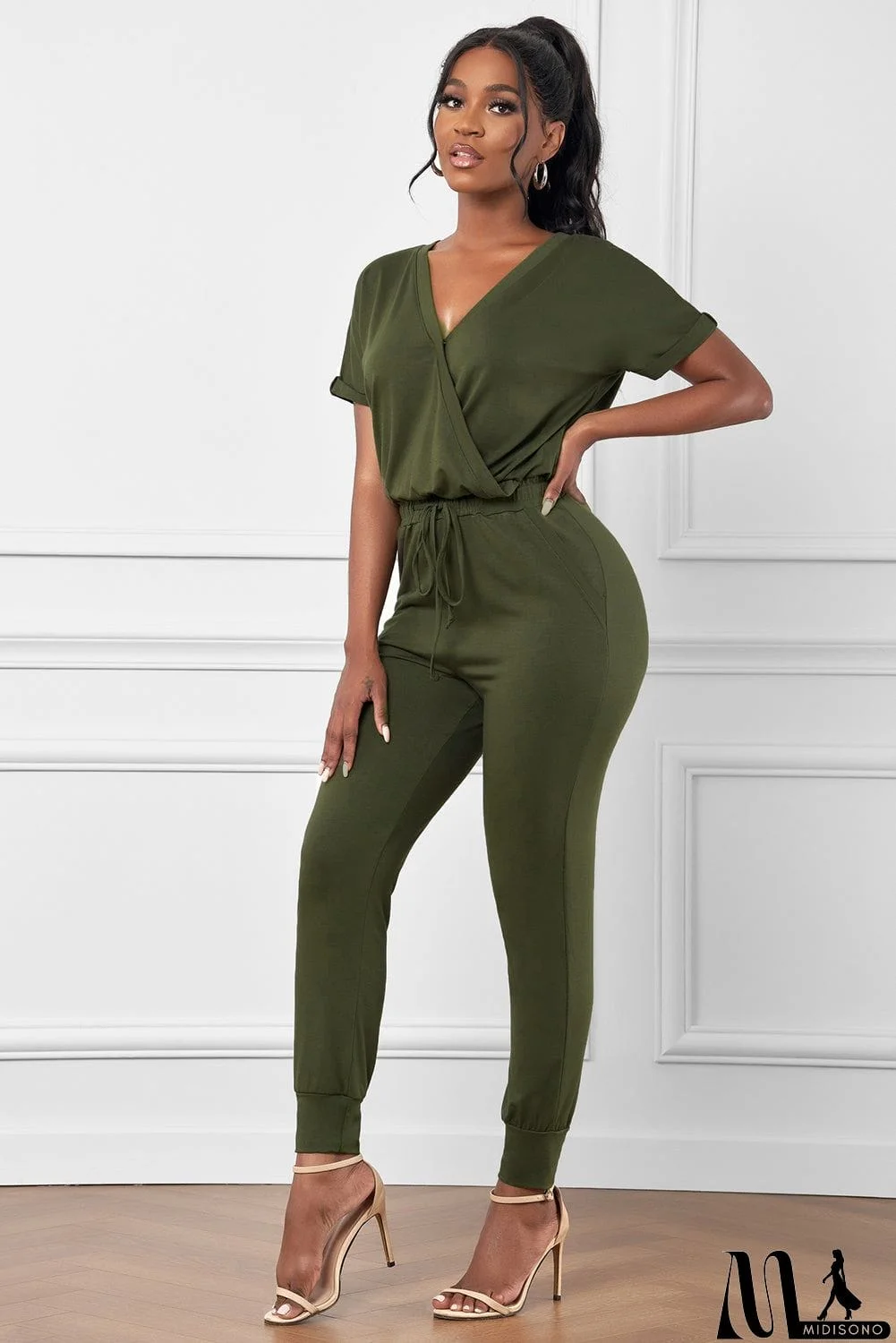 MidiSono - Casual Army Green V Neck Wrap Front Jumpsuits